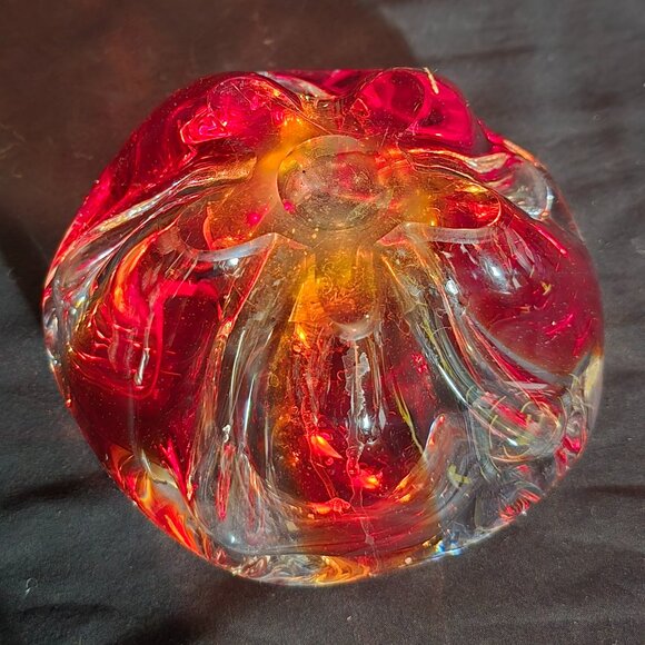 Murano Art Glass Red Orange Clear Crimped Ashtray / Dish - 5 1/2" x 3" H - Picture 5 of 5